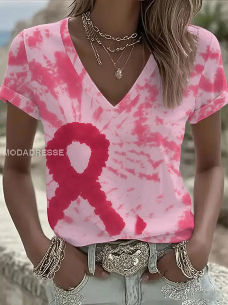 Kvinnor Pink Tie Dye Ribbon Print Casual T shirt runk / S