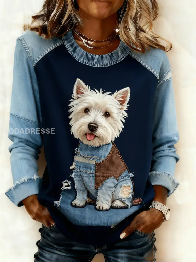 Kvinnor Retro Animal Art Print Bekväm Denim Patchwork Sweatshirt A / S