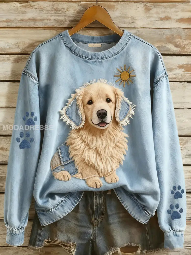 Kvinnor Retro Denim Patchwork Animal Art Print Casual Comfort Långärm Sweatshirt A / S