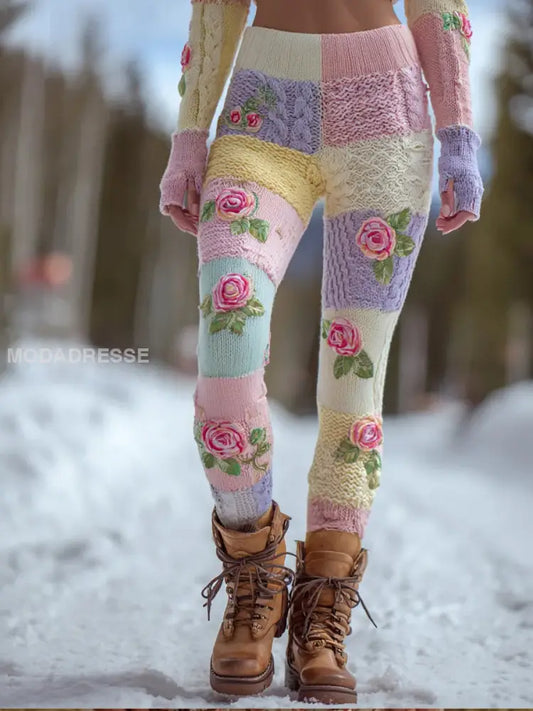 Kvinnor Retro Floral Patchwork Bekväm stickade Leggings A / S