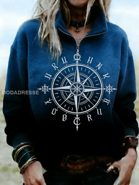 Kvinnor Retro Nordic Viking kompass Rune Casual Fleece Pullover blå / S