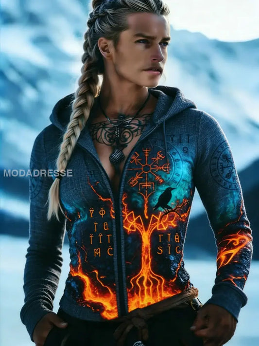 Kvinnor Retro Nordic Viking kompass Rune Casual Hooded Jacka blå / S
