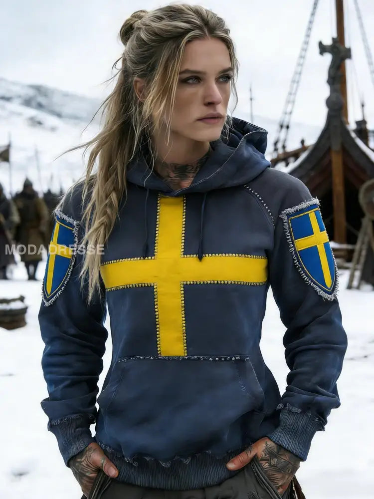 Kvinnor Retro Svenska flaggbricka Casual Bekväm Hoodie Sweatshirt blå sjöfart / S