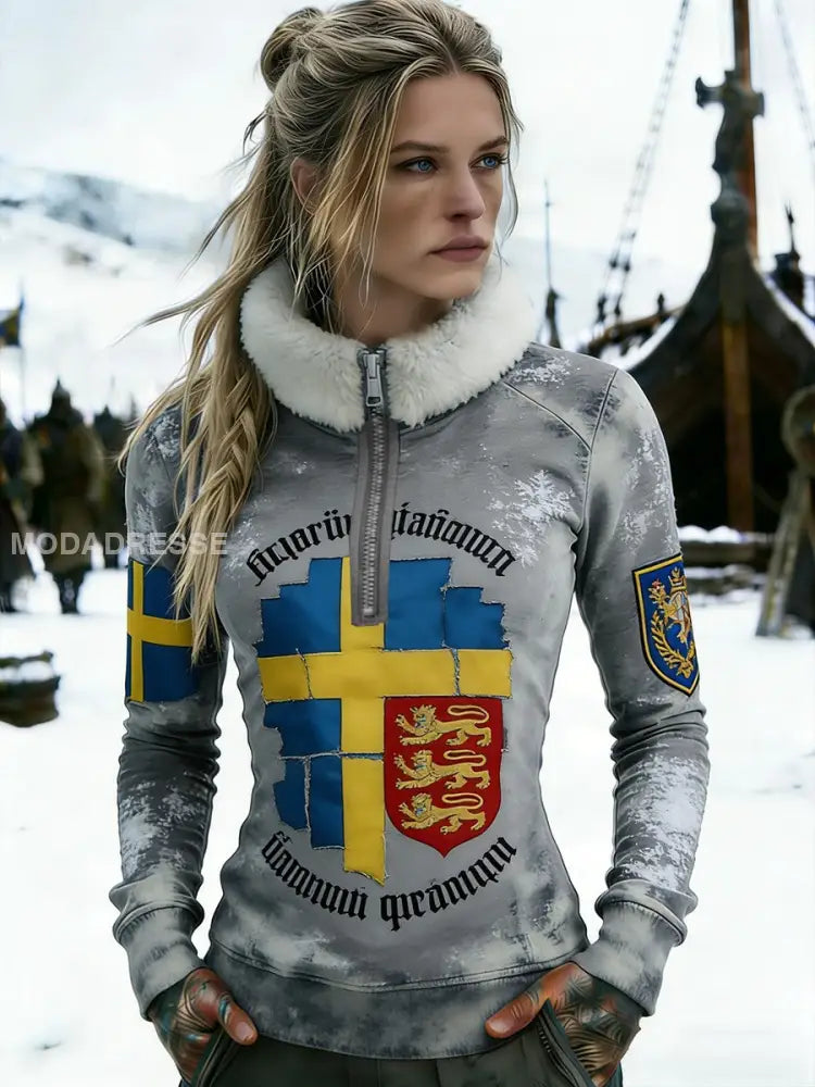 Kvinnor Retro Svenska flaggbricka Casual Stand Krage Sweatshirt grå / S