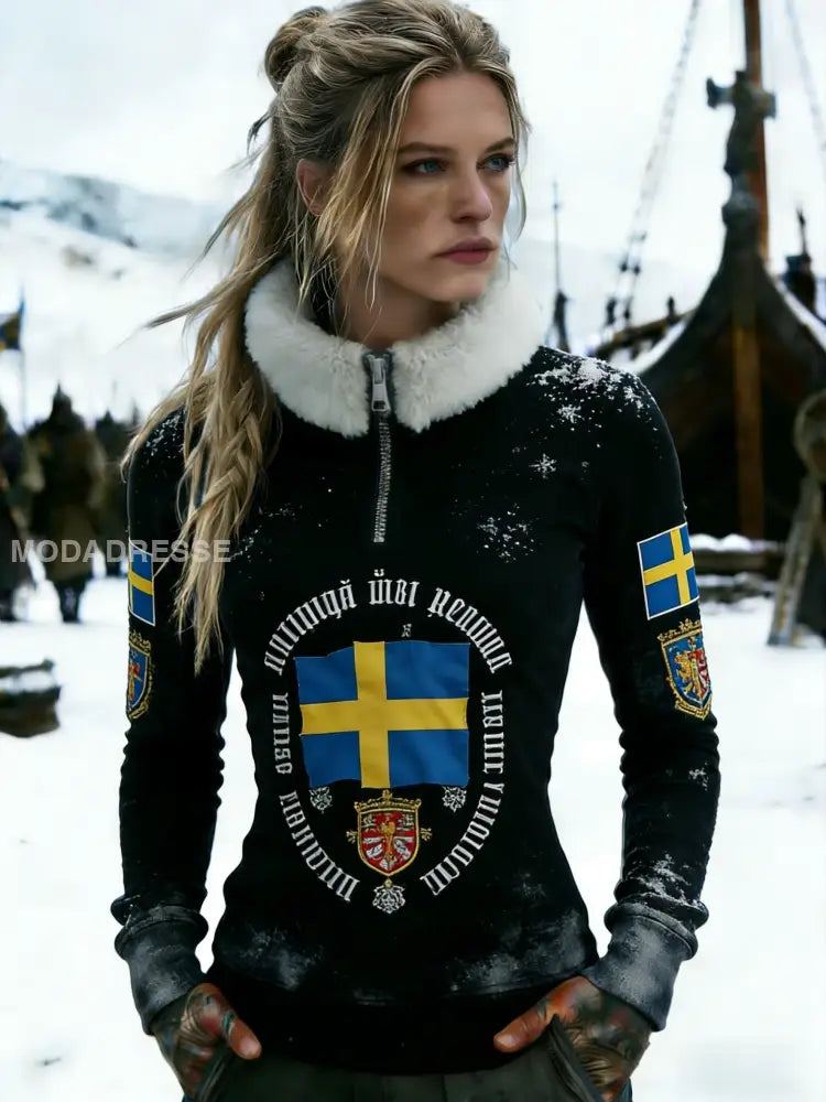 Kvinnor Retro Svenska flaggbricka Casual Stand Krage Sweatshirt svart / S