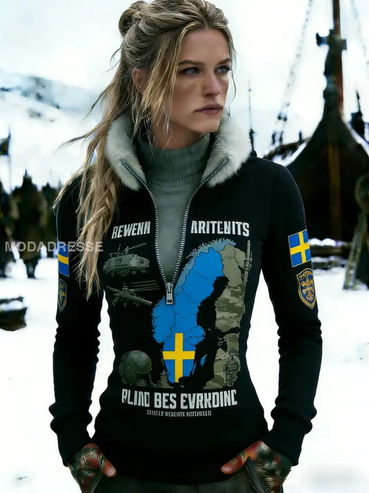 Kvinnor Retro Svenska flaggbricka Casual Stand Krage Sweatshirt svart / S