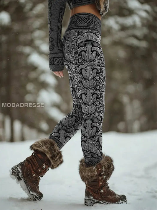 Kvinnor Retro Viking Celtic Knop Valkyrie Rune Sport Stretch Leggings svart / S