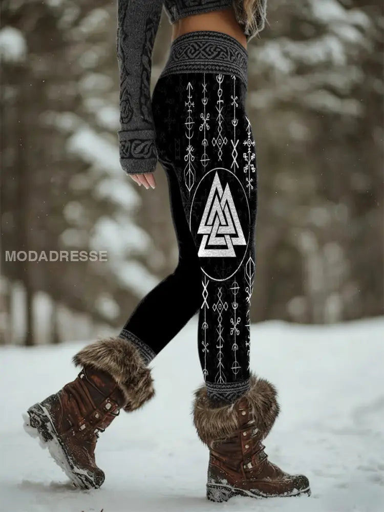 Kvinnor Retro Viking Celtic Knop Valkyrie Rune Sport Stretch Leggings svart / S