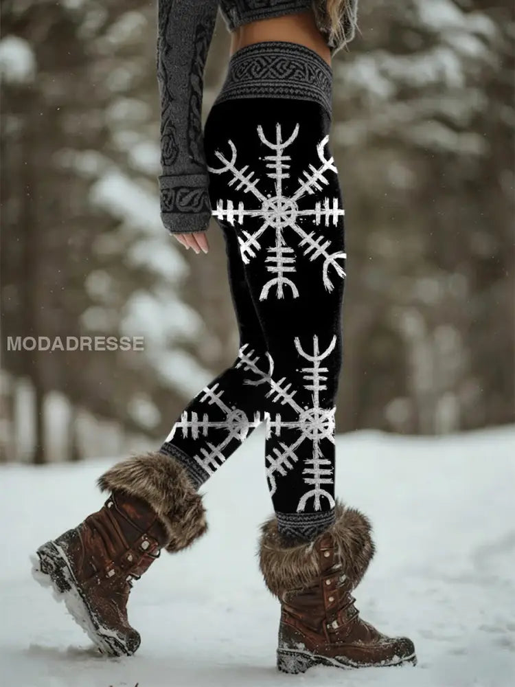 Kvinnor Retro Viking Celtic Knop Valkyrie Rune Sport Stretch Leggings svart / S