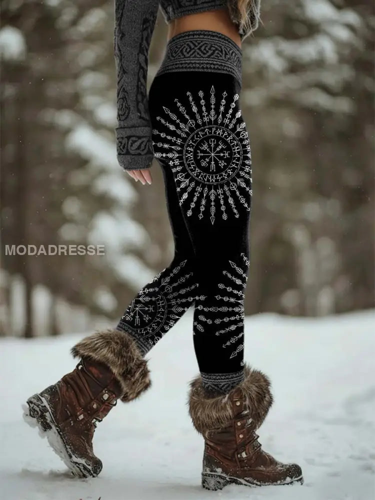 Kvinnor Retro Viking Celtic Knop Valkyrie Rune Sport Stretch Leggings svart / S