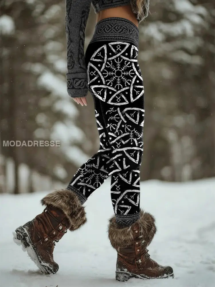 Kvinnor Retro Viking Celtic Knop Valkyrie Rune Sport Stretch Leggings svart / S