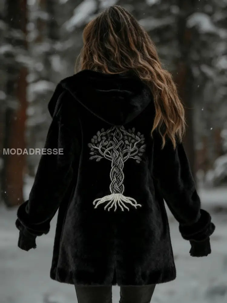 Kvinnor Retro Viking Celtic Knut träd av livet Skriv ut bekväm Flannel Cardigan Jacka svart / S
