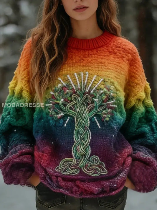 Kvinnor Retro Viking Celtic Knut träd liv Gradient Bekväm tryckt tröjar flerlog / S