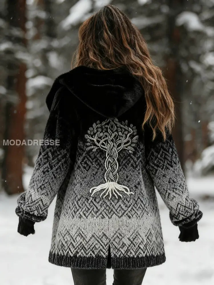 Kvinnor Retro Viking Celtic Knut träd liv Gradient Skriv ut bekväm Flannel Cardigan Jacka grå / S
