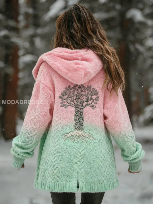 Kvinnor Retro Viking Celtic Knut träd liv Gradient Skriv ut bekväm Flannel Cardigan Jacka runk / S
