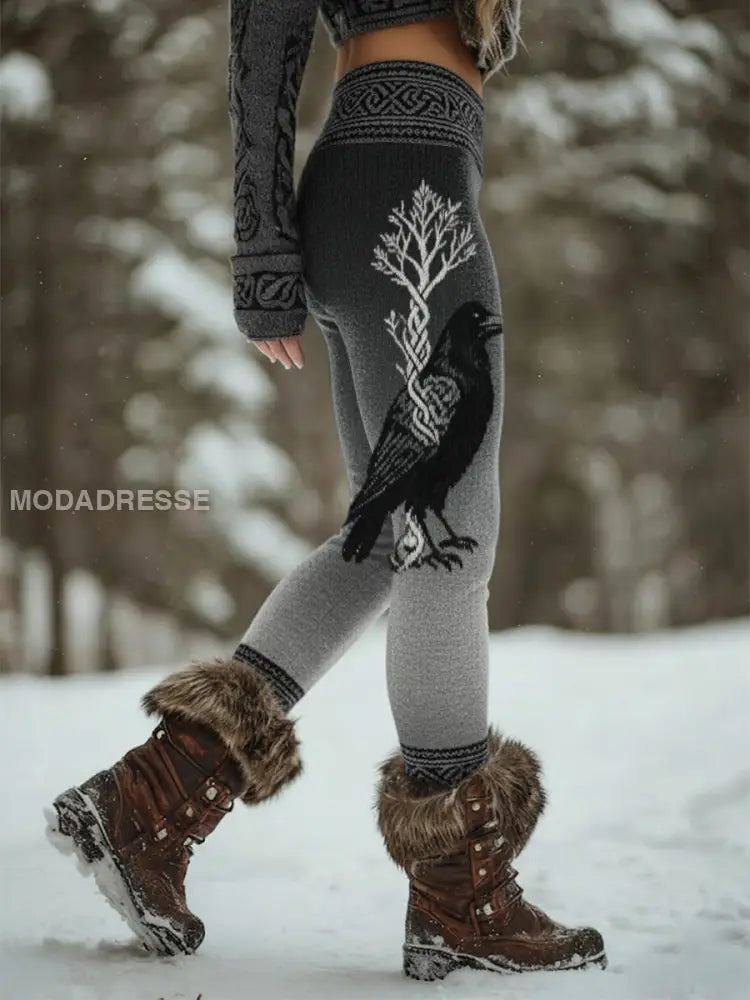 Kvinnor Retro Viking Raven Celtic Knop Vigvir Rune Gradient Sport Stretch Leggings grå / S