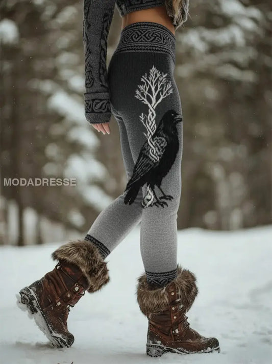 Kvinnor Retro Viking Raven Celtic Knop Vigvir Rune Gradient Sport Stretch Leggings grå / S