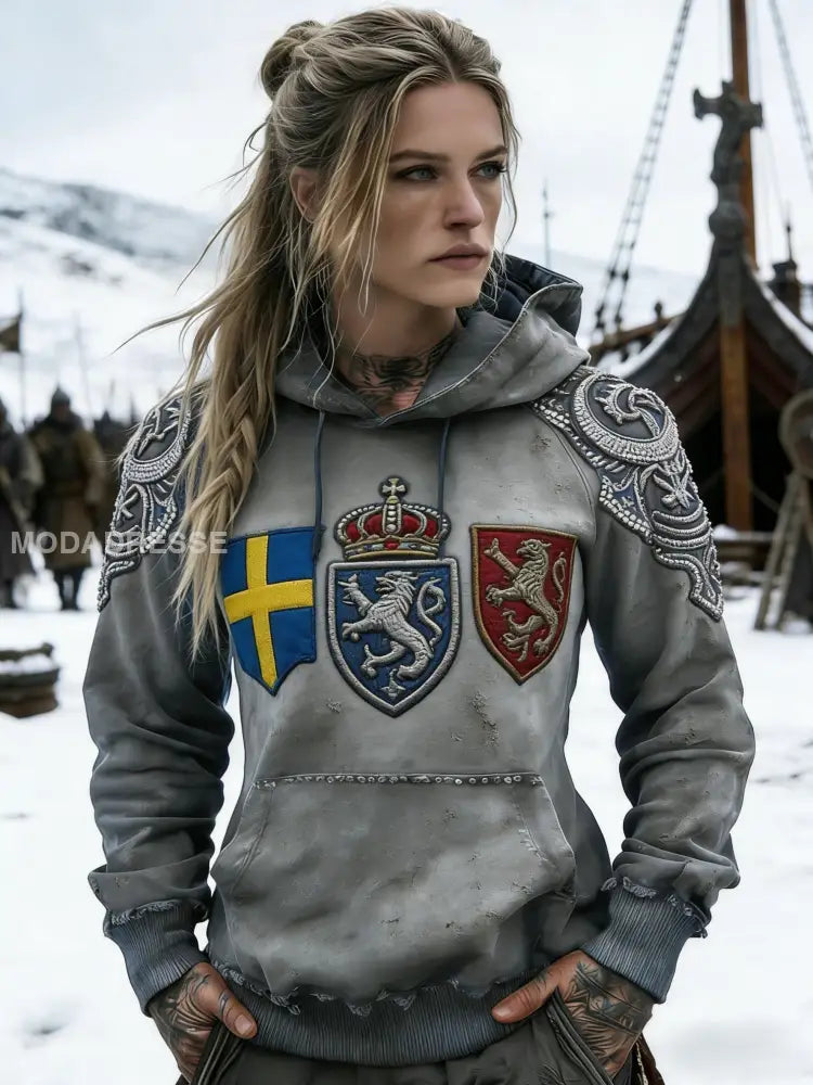 Kvinnor Retro Viking Svenska Flaggmärke Tryckt Casual Hooded Sweatshirt grå / S