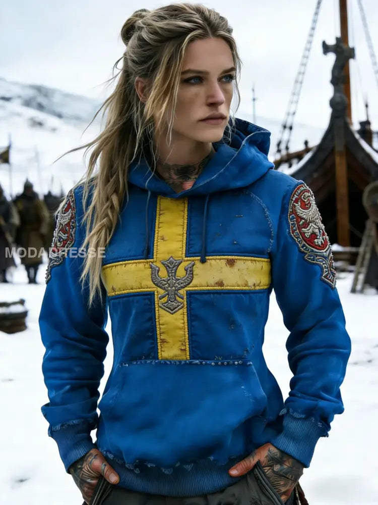 Kvinnor Retro Viking Svenska Flaggmärke Tryckt Casual Hooded Sweatshirt grå / S