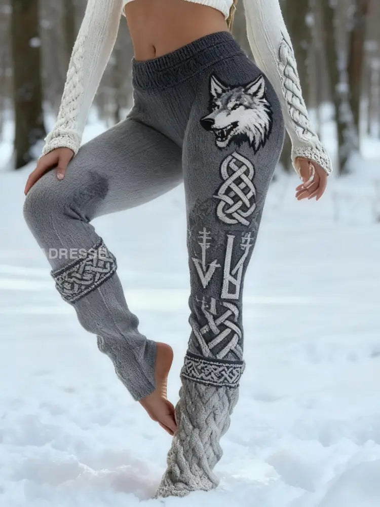 Kvinnor Retro Viking Wolf Celtic Knop Vigvir Rune Gradient Sport Stretch Leggings grå / S