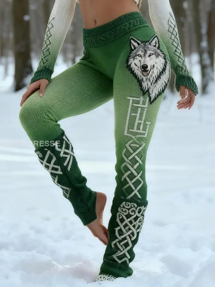 Kvinnor Retro Viking Wolf Celtic Knop Vigvir Rune Gradient Sport Stretch Leggings grönt / S