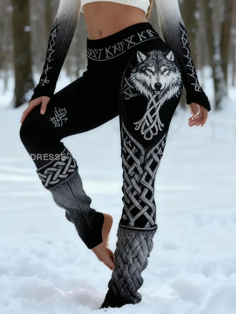 Kvinnor Retro Viking Wolf Celtic Knop Vigvir Rune Gradient Sport Stretch Leggings svart / S