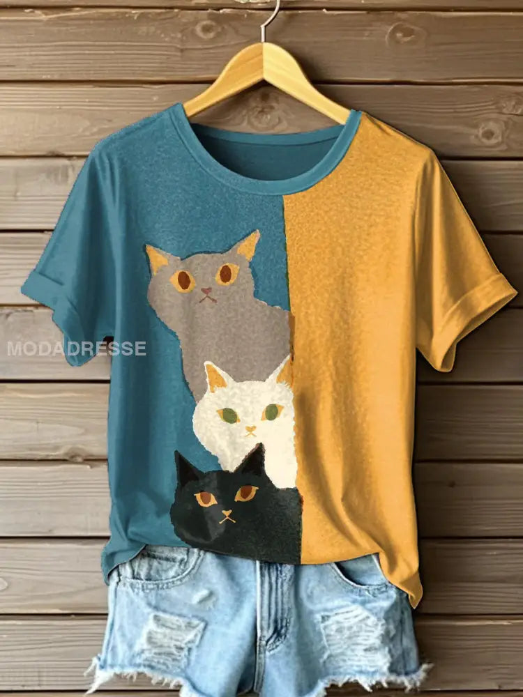 Kvinnor roliga katt konst Skriv ut T-shirt som bild / S