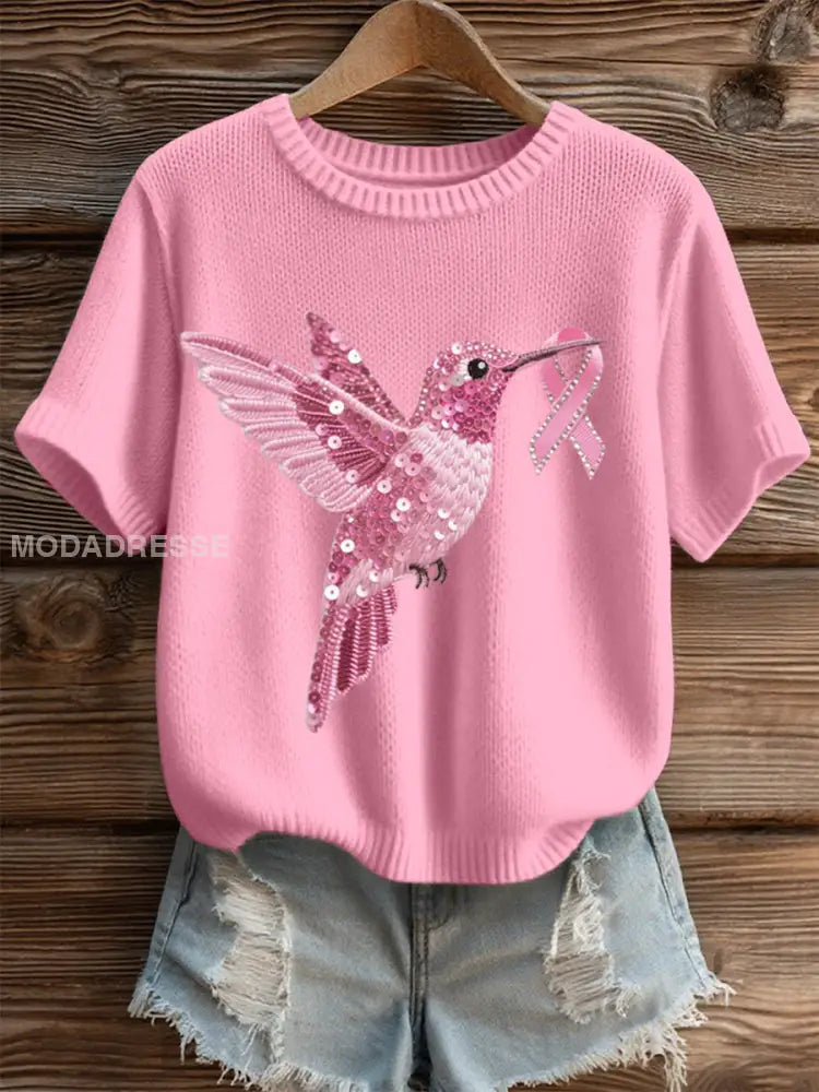 Kvinnor rosa paljett Hummingbird mönster Mysigt sticka uppet runt / S