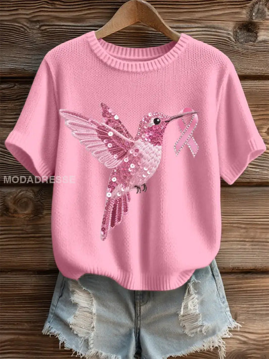 Kvinnor rosa paljett Hummingbird mönster Mysigt sticka uppet runt / S