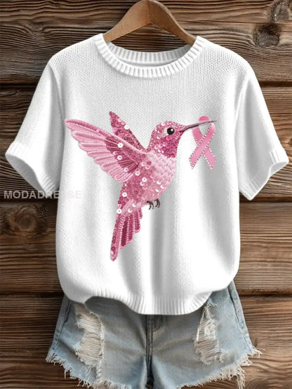 Kvinnor rosa paljett Hummingbird mönster Mysigt sticka uppet vitt / S