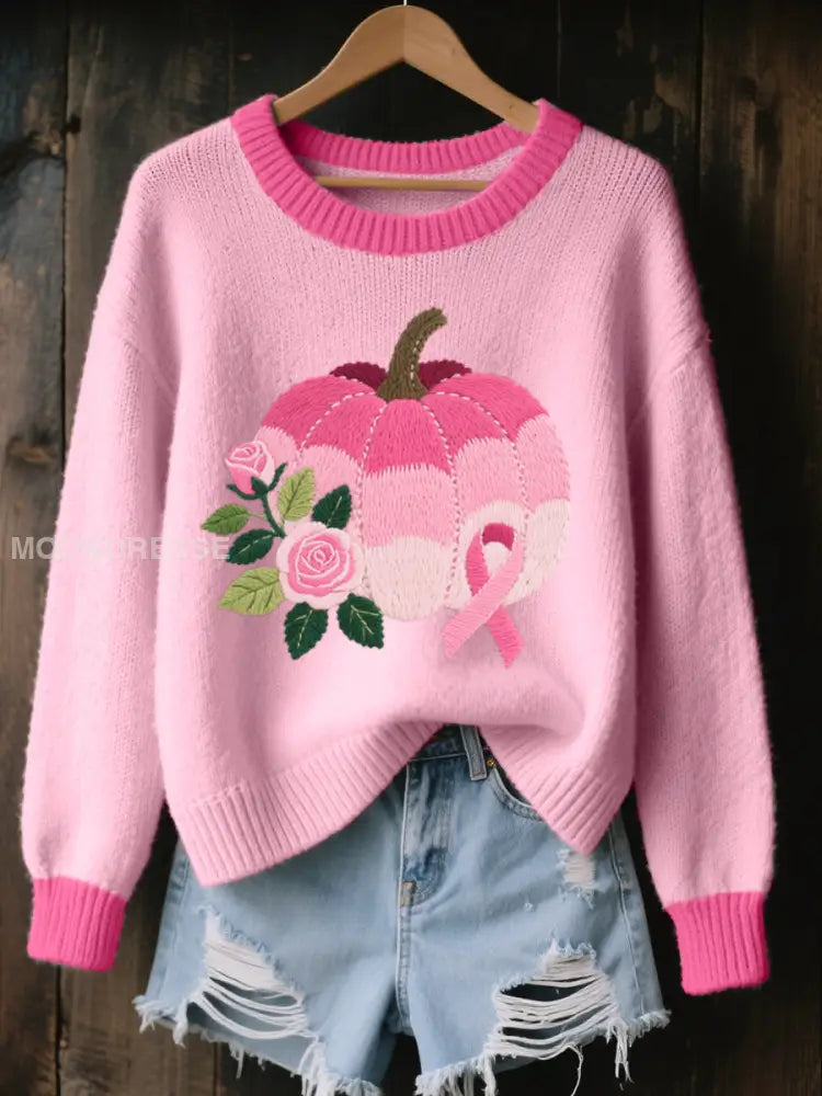 Kvinnor rosa pumpa & Rose Broderad mysiga sticka tröjar runk / S