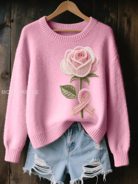 Kvinnor rosa Rose Beaded Broderad mysiga sticka tröjar runk / S