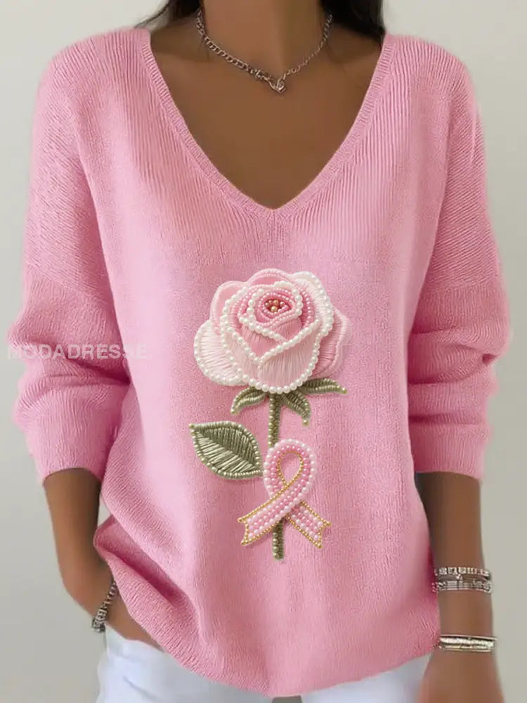 Kvinnor rosa Rose Beaded Broderade V hals Ribbed Topp runk / S