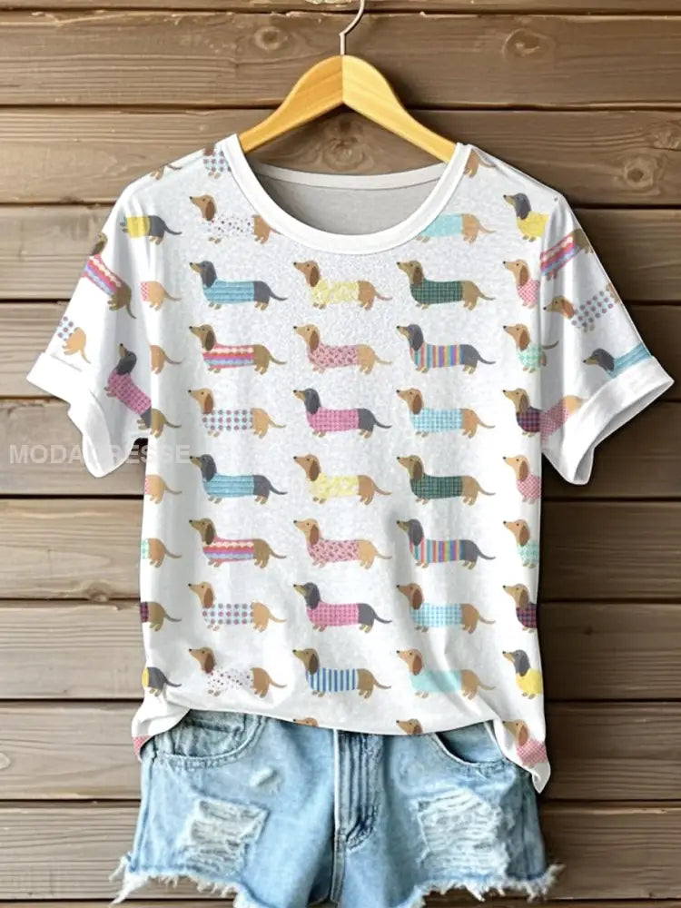 Kvinnor söta späckhund Skriv ut T-shirt vitt / S