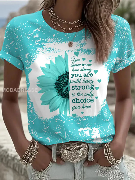 Kvinnor Solros Teal Ribbon Print Ovarian Cancer Medvetenhet Tee blå grön / S