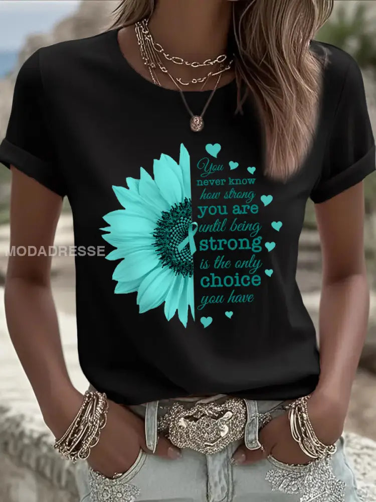 Kvinnor Solros Teal Ribbon Print Ovarian Cancer Medvetenhet Tee svart / S
