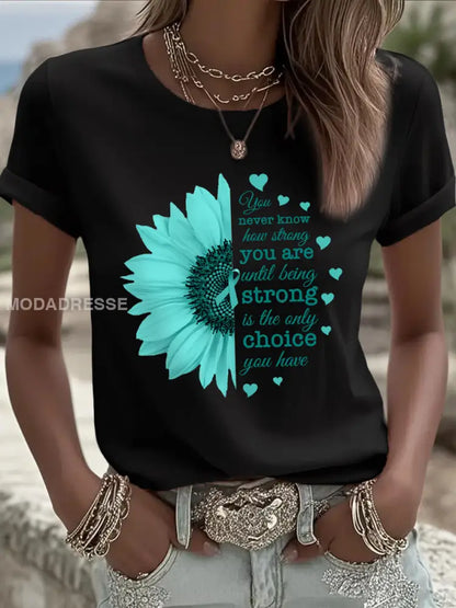 Kvinnor Solros Teal Ribbon Print Ovarian Cancer Medvetenhet Tee svart / S