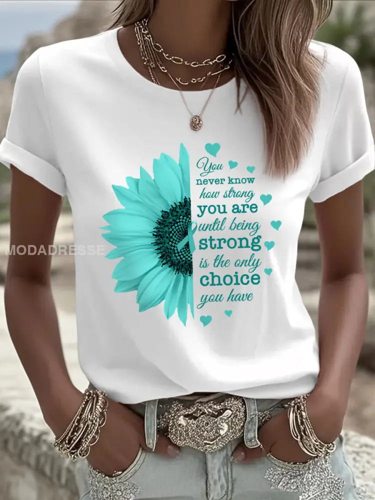 Kvinnor Solros Teal Ribbon Print Ovarian Cancer Medvetenhet Tee vit / S