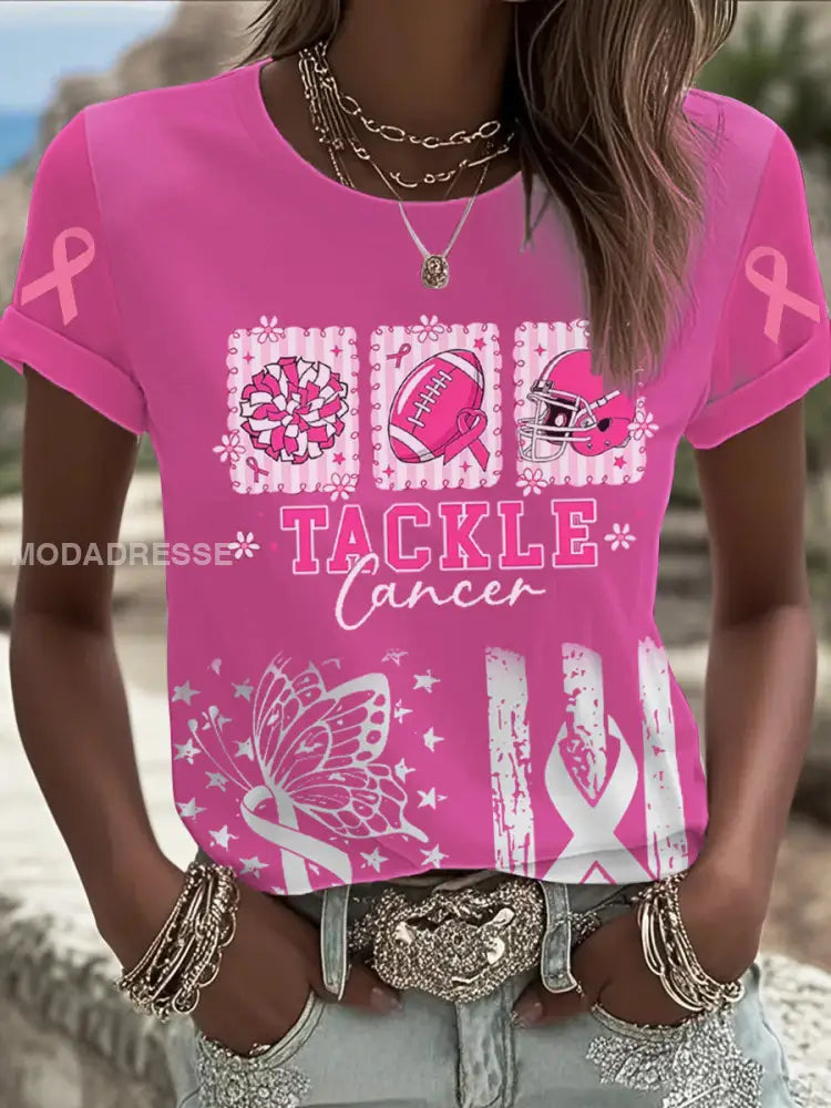Kvinnor Tackle bröstcancer Tryckt T shirt runk / S