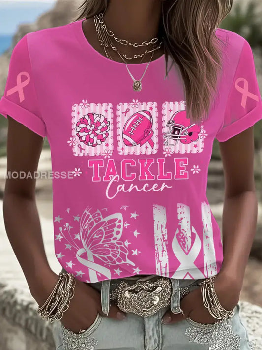 Kvinnor Tackle bröstcancer Tryckt T shirt runk / S