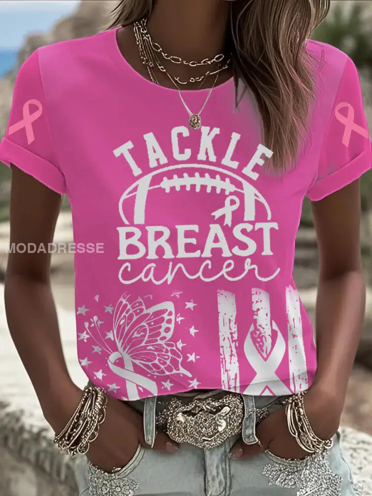 Kvinnor Tackle bröstcancer Tryckt T shirt runk / S