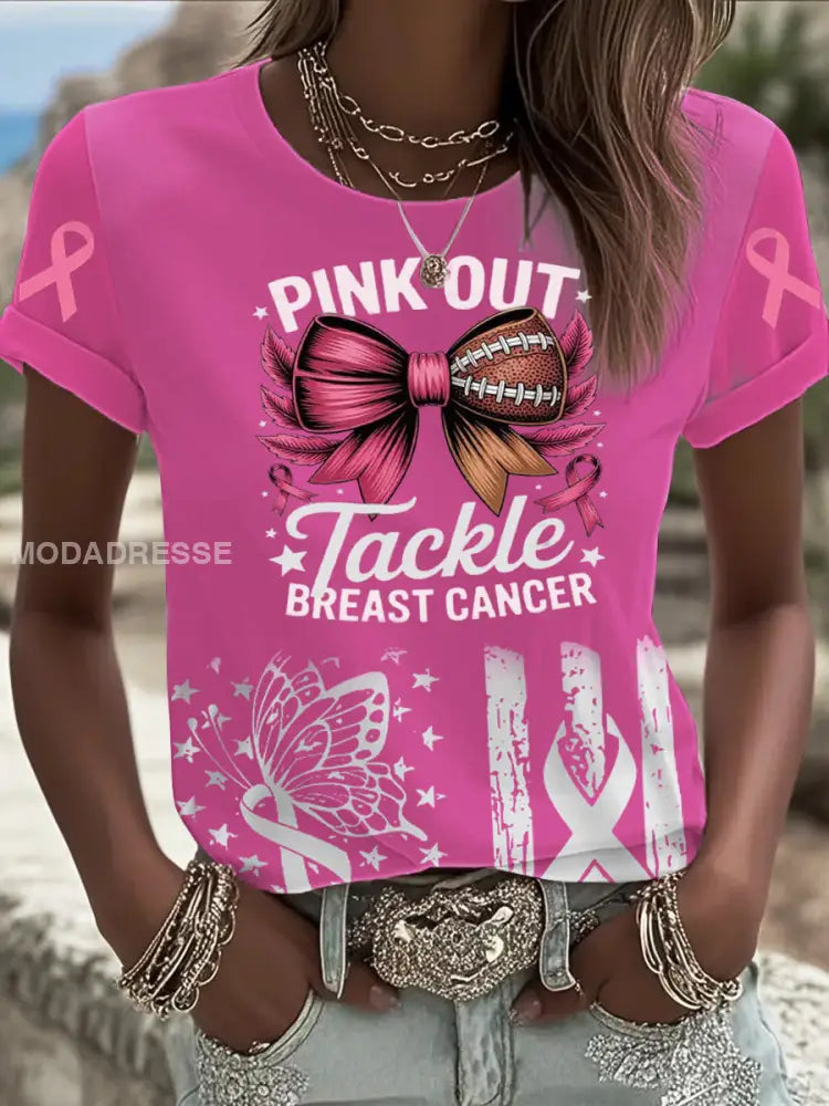 Kvinnor Tackle bröstcancer Tryckt T shirt runk / S