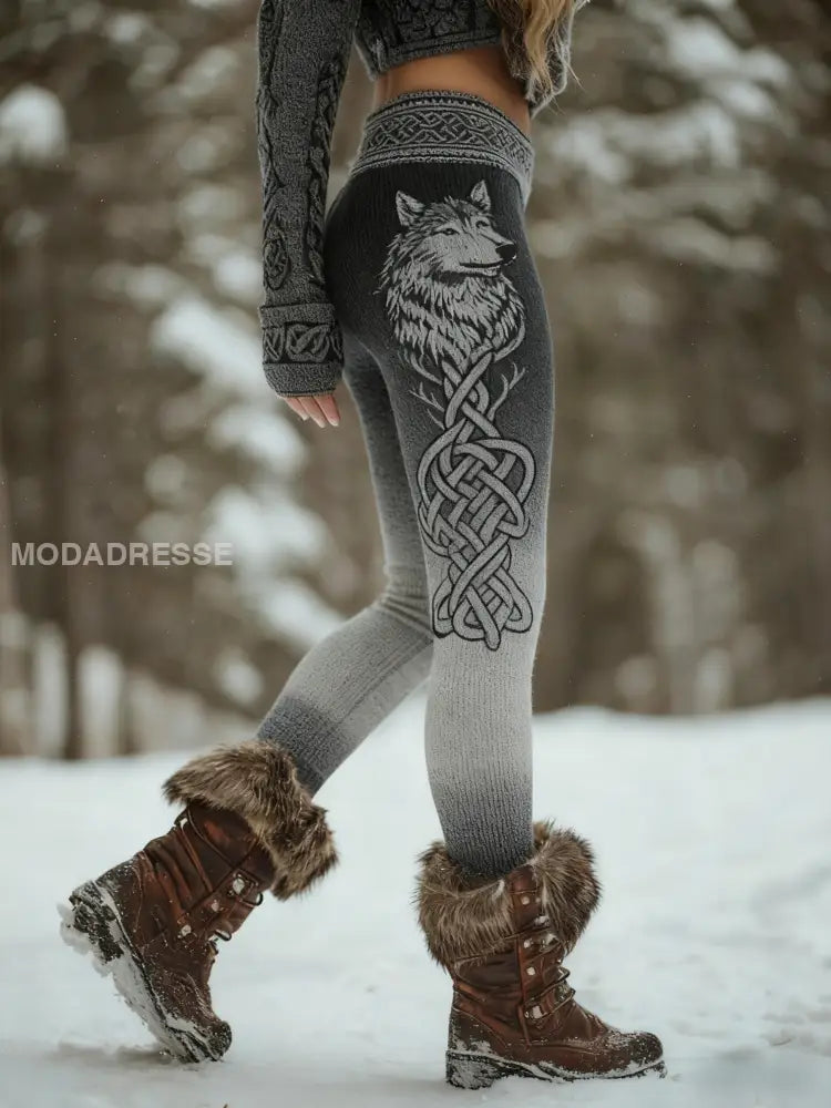 Kvinnor Viking Celtic Knop Varg Gradient Sport Stretch Leggings grå / S