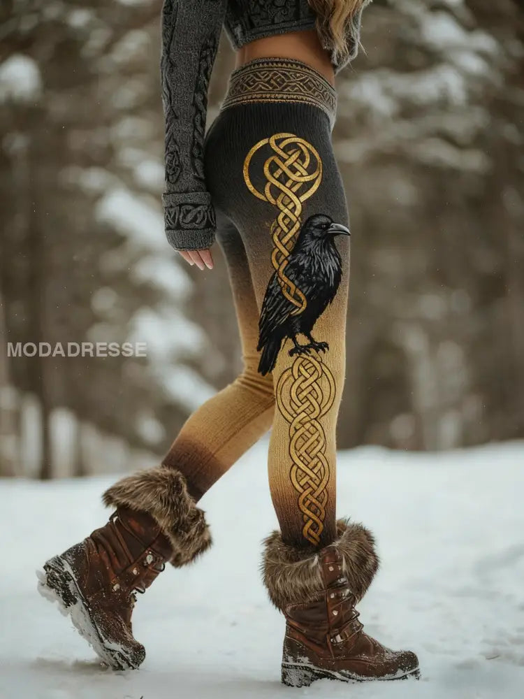 Kvinnor Viking Celtic Knot Raven Gradient Sport Stretch Leggings gul / S