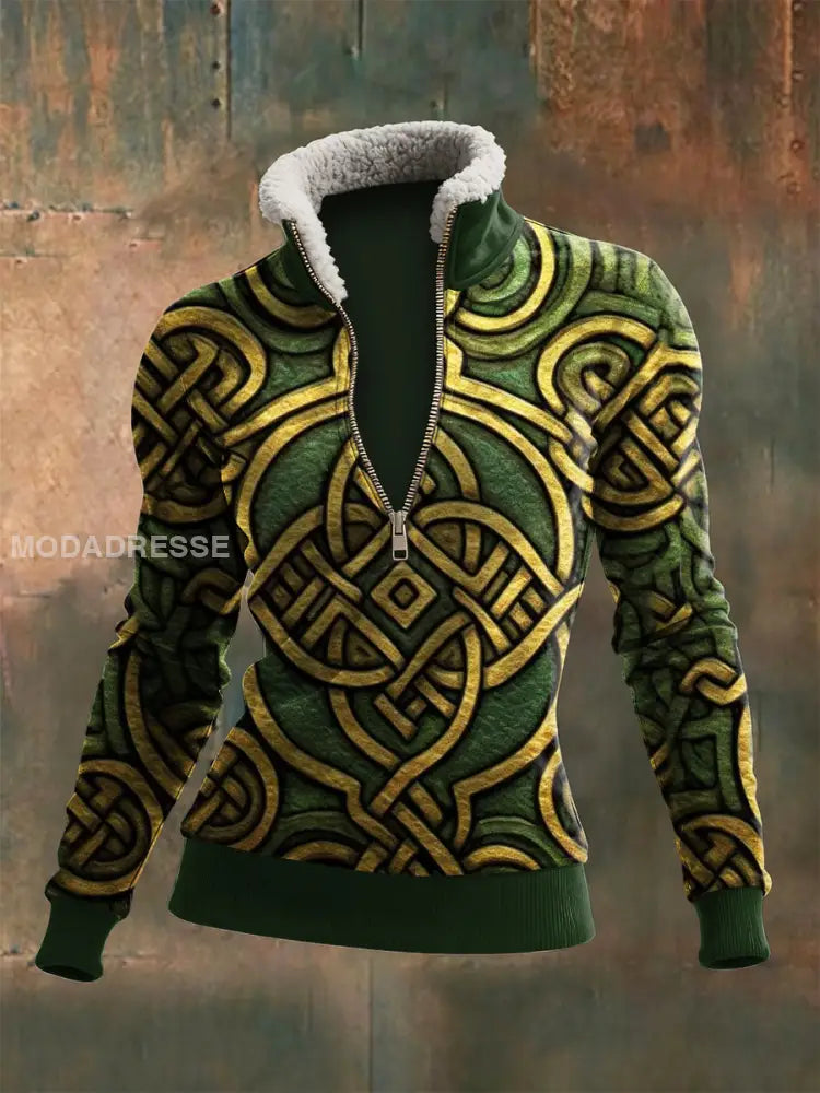 Kvinnor Viking Totem Tryckt blixtlås Lam Ull Lång ärm topp grönt / S