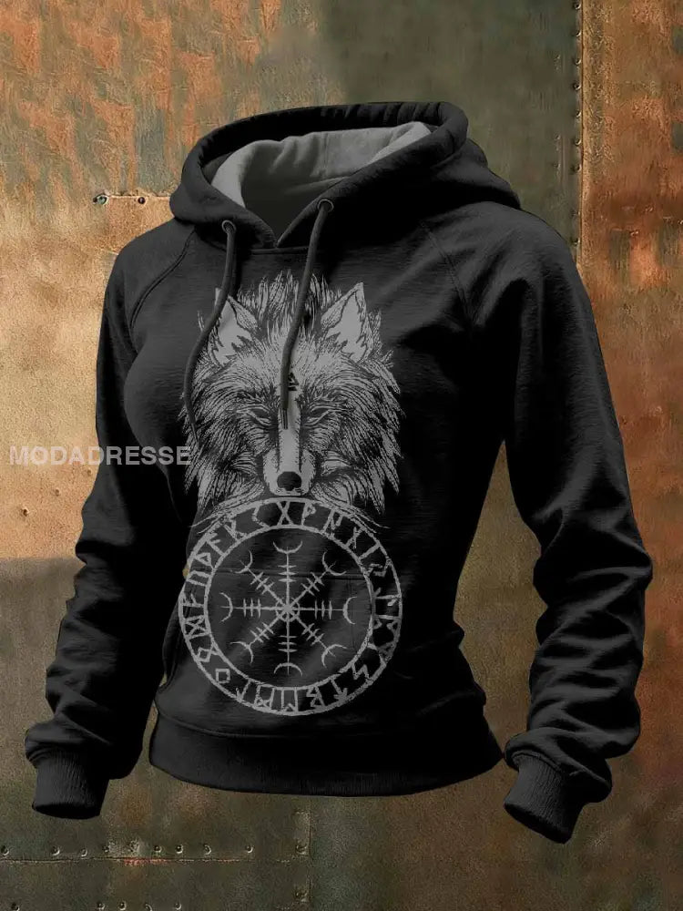 Kvinnor Vintage Viking tryck Casual Hooded Sweatshirt som bild / S