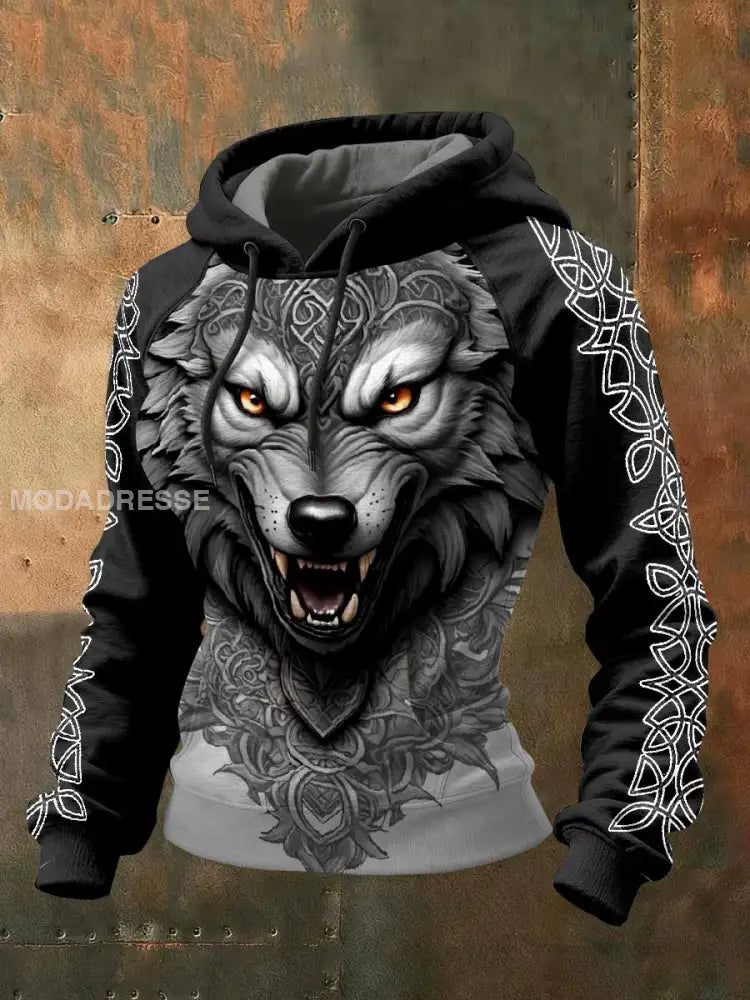 Kvinnor Vintage Viking tryck Casual Hooded Sweatshirt som bild / S