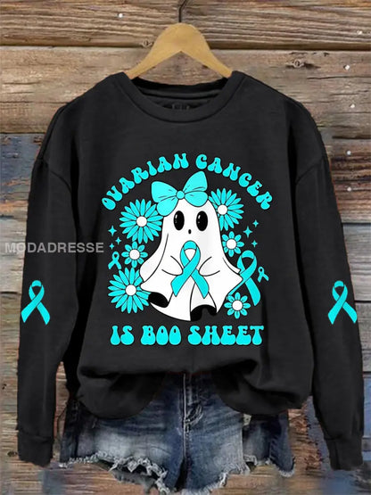 Kvinnors äggstockscancer är Boo Sheet Halloween Spök Teal Ribbon Ovarian Cancer Medvetenhet Sweatshirt svart / S