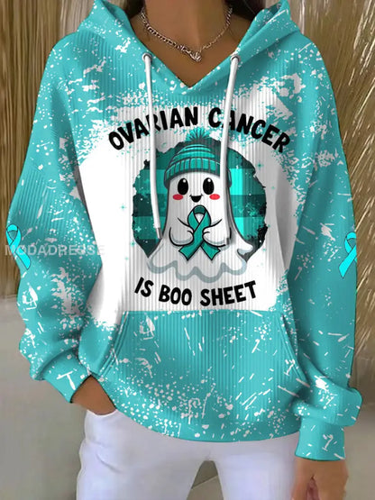 Kvinnors äggstockscancer är Boo Sheet Halloween Spök Teal Ribbon Ovariell cancer medvetenhet Hoodies