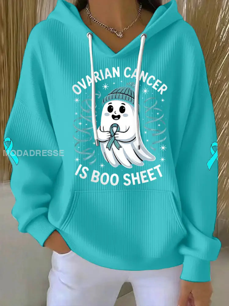 Kvinnors äggstockscancer är Boo Sheet Halloween Spök Teal Ribbon Ovariell cancer medvetenhet Hoodies blå- grön / S